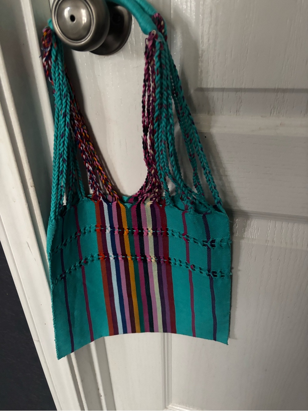 Turquoise Striped Woven Shoulder Bag